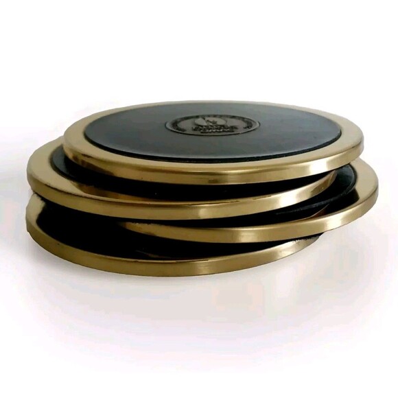 1996 Buick Brass/Leather Drink Coasters Barware Set Vtg Automobile Car Bar Decor - Picture 3 of 11